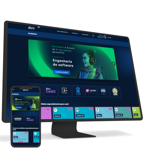 Plataforma da Alura aberta no computador e no celular